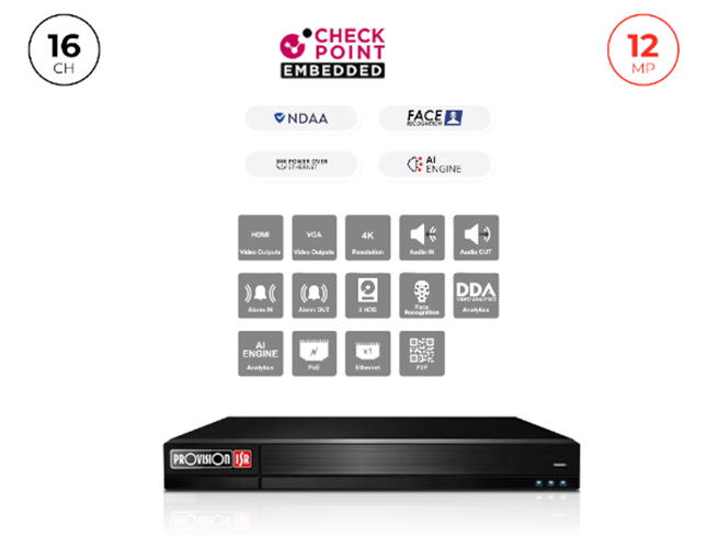 מכשיר הקלטה Provision NVR 16400PFAN POE Up to 12MP 4K 2TB disk 1U
