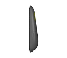 שלט אלחוטי למצגות צבע שחור Logitech R500 2.4GH – שלט המצגות בצבע אפור כהה מוצג במבט צד על רקע לבן עם USB