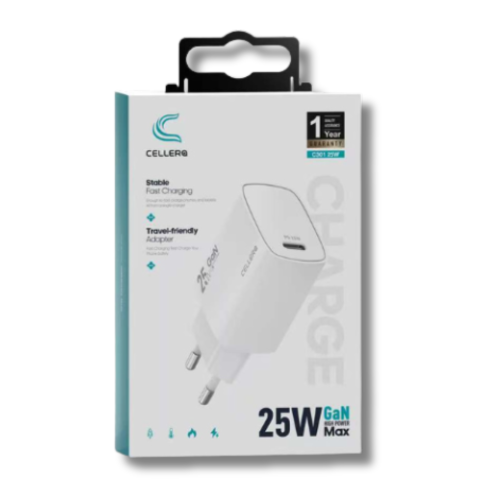 ראש טעינה מהיר במיוחד וקומפקטי Cellero 25W בטכנולוגיית GaN - חיבור Type-C