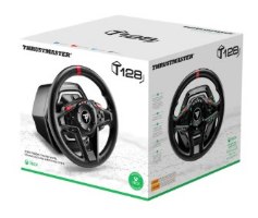 הגה מירוצים עם דוושות Thrustmaster T128 Force Feedback Xbox/PC – קופסת אריזה לבנה של המוצר עליה מודפסות תמונות הגה המירוצים