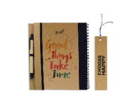 קולקציית משפטי השראה: GOOD THINGS TAKE TIME, ממותגת אישית, מודפס על קרטון קראפט חום, הסט כולל: מחברת