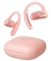 אוזניות אלחוטיות צבע ורוד Shokz OpenFit Air – עמיד למים זוג אוזניות ורודות עם קשתות וקייס טעינה תואם
