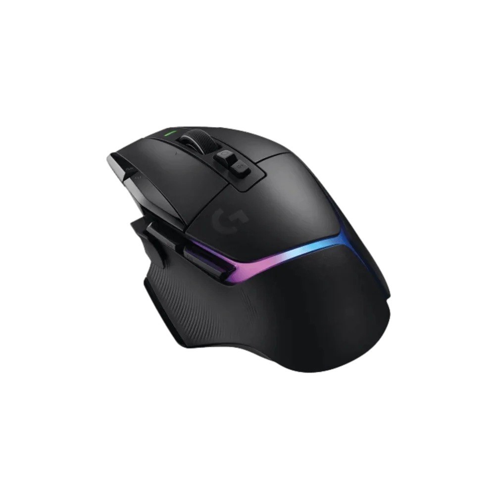 עכבר גיימינג אלחוטי צבע שחור Logitech G502 X Plus – המוצר בצבע שחור עם תאורת RGB צבעונית נראית מצדו על רקע לבן USB-C