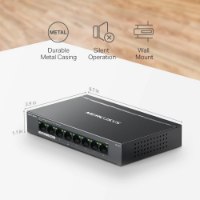 מתג Mercusys MS108GP 8-P Gigabit – מתג שחור עם 8 חיבורי רשת מציג מידות