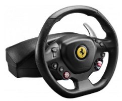 הגה מירוצים עם דוושות Thrustmaster T80 Ferrari 488 GTB Edition – שחור עם סמל פרארי צהוב במרכזו כפתורים שונים