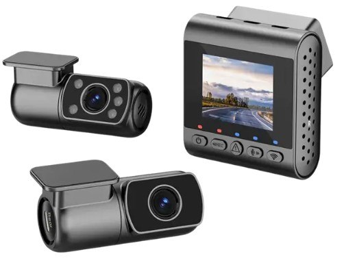 מצלמת דרך SJCAM M60S Dash Camera – מצלמת דרך אפורה כהה עם מסך סמל Wi-Fi ויחידות מצלמה משלימות