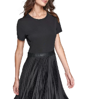 KARL LAGERFELD PARIS Women's Dress Sz XS Mixed-Media Pleated Midi Black