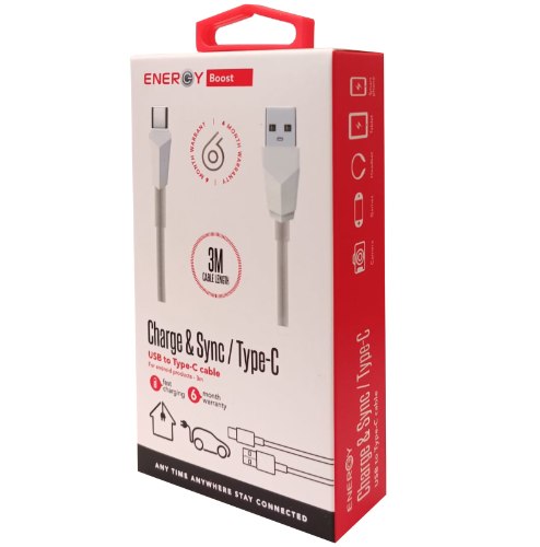 כבל טעינה\נתונים באורך 3 מטר ENERGY USB TO TYPE-C