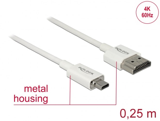 כבל מסך Delock Slim Cable High Speed HDMI Ethernet HDMI To Micro HDMI 3D 4K 0.25 m