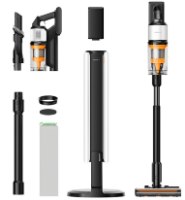 שואב אבק אלחוטי עם תחנת ריקון אוטומטית Deerma Z50 Combo – מציג את השואב המורכב תחנת הריקון והאביזרים השונים על רקע לבן