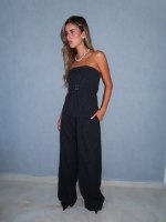 BELTED STRAPLESS  TOP- BLACK STRIPED