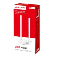 מתאם רשת אלחוטי Mercusys N300 Wireless Mini USB Adapter MW300UH V3 – מכשיר לבן עם שתי אנטנות על אריזה אדומה