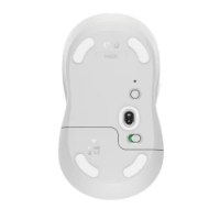 עכבר אלחוטי לבן Logitech Signature M650 – מבט על תחתית העכבר הלבן המציג חיישן אופטי ומתג הפעלה ירוק USB