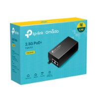 מזרק Tp-Link PoE+ POE260S – אריזת המוצר הכחולה-צהובה מציגה את המזרק השחור עם שני חיבורי רשת