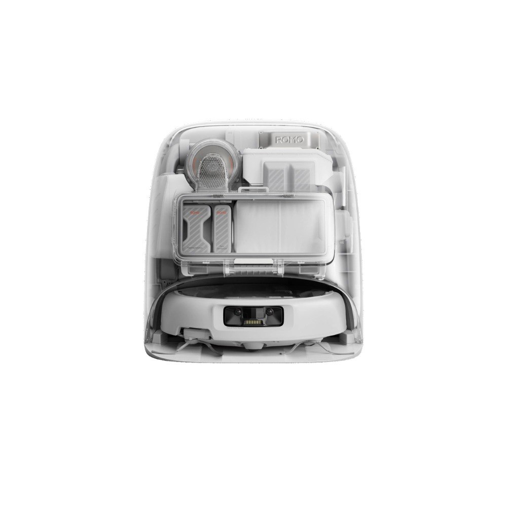 שואב אבק רובוטי DJI ROMO P – חוטי מבט דרך מעטפת שקופה המציג את רכיביו הפנימיים הלבנים