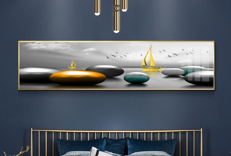 תמונת קנבס מעוצבת לרוחב | תמונה לסלון או חדר השינה | עיצוב סוריאליסטי מודרני "חלוקי נחל על הים"