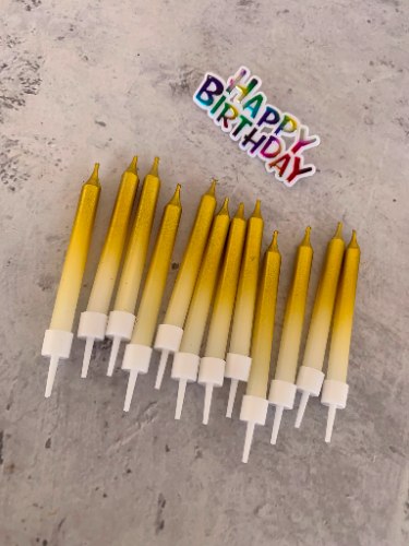 12 נרות מטאלי זהב לבן + לוחית HAPPY BIRTHDAY מיני