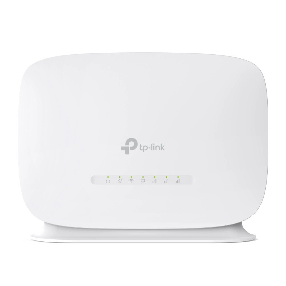 ראוטר סלולרי TP-Link TL-MR105 4G LTE 300Mbps – מכשיר לבן במבט קדמי עם נוריות חיווי ירוקות מוארות Wi-Fi