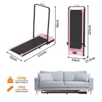הליכון משרדי Keisar WalkUp Plus – מידותיו במצב פתוח ומקופל ואחסונו מתחת לספה אפורה