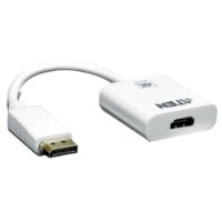מתאם Aten VC986 DP to 4K-UHD HDMI Adapter – מתאם לבן הממיר מ-DisplayPort ל-HDMI עם כיתוב ATEN ו-4K ACTIVE על גבי המתאם