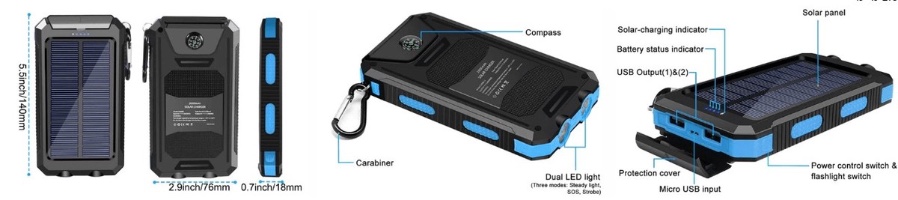 סוללת גיבוי ניידת סולארית Zeero Ultra Charge 10,000mAh עם חיבורים וכפתורים, כולל כניסת USB לטעינה, כניסת מיקרו USB לטעינת הסוללה, כפתור הפעלה וכפתור תאורה