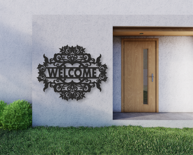 שלט כניסה Welcome עלים ופרחים