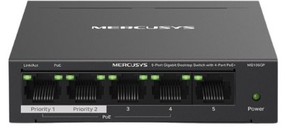 מתג שולחני Mercusys 5 Ports 10/100/1000Mbps 4-Port PoE+ MS105GP – 5 כניסות רשת מוארות