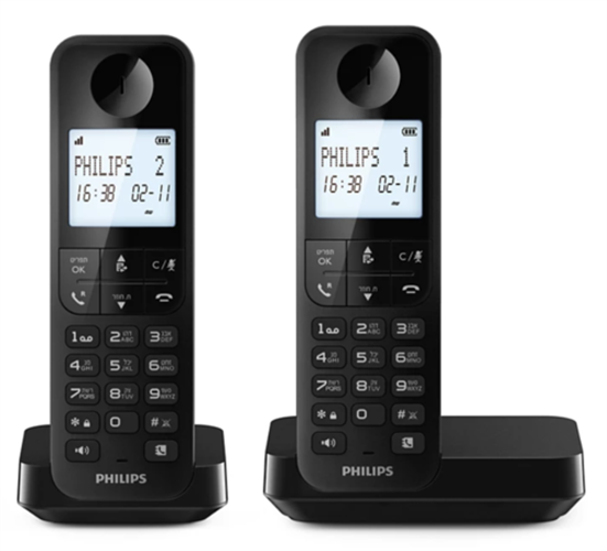 טלפון אלחוטי 2 שלוחות תפריט מובנה בעברית Philips Dectphone D2702B/25