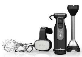 בלנדר ידני 3 ב-1 Ninja CI100EU 850W – מציג את יחידת המנוע ושלושת סוגי האביזרים המפורקים שלה