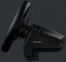 הגה מרוצים Logitech G923 Trueforce Sim Racing Wheel – הגה ובסיס שחורים מוצגים במבט צדדי עם הכיתוב TRUEFORCE על הבסיס
