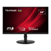 מסך מחשב 24” Viewsonic VG2408A-MHD – מסך מחשב שחור על מעמד עגול מציג מידע תכונות על רקע אדום HDMI