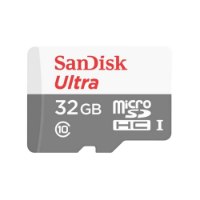 כרטיס זיכרון SanDisk Ultra microSDHC 32GB – אחד בצבע לבן-אפור עם לוגו SanDisk Ultra אדום וסימון 32GB