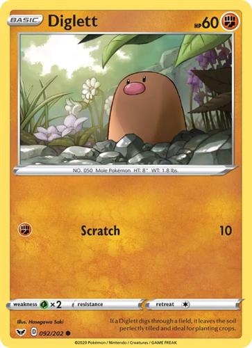 קלף בודד single פוקימון - diglett - Sword & Shield - 092/202