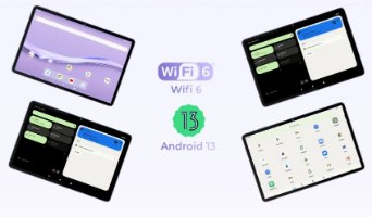טאבלט בגודל ''Oukitel OT6 4GB + 64GB 10.1 – ארבעה טאבלטים שחורים מציגים ממשקי מסך שונים כשבמרכזם כתוב Wi-Fi 6 ו-Android 13
