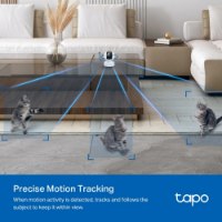 מצלמת אבטחה 360° Tp-Link Tapo C222 4MP – אינפוגרפיקה של מצלמה עוקבת תנועה אחר שלושה חתולים בסלון