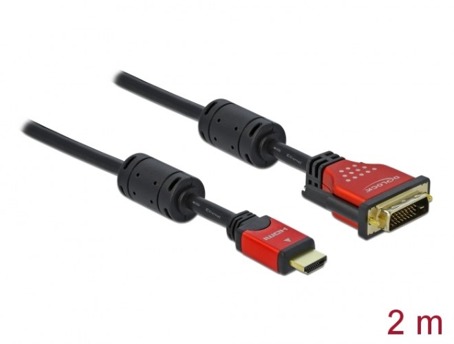 כבל מסך Delock Cable HDMI Male To DVI 24+1 Male Red metal 2 m
