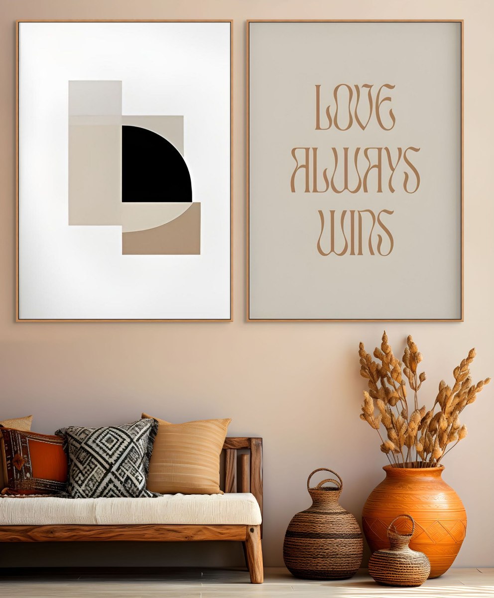 "Love Always" סט זוג תמונות נורדיות לחדר שינה או לסלון אבסטרקט גיאומטרי ומשפט עם משמעות
