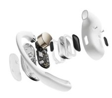 אוזניות אלחוטיות צבע לבן Shokz OpenFit Air – פירוק אוזנייה לבנה לחלקיה הפנימיים כולל לוח מעגלים אלקטרוניים ורכיבים נוספים