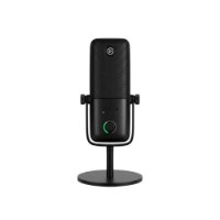 מיקרופון קונדנסר Elgato WAVE:3 MK.2 USB – מיקרופון שחור עומד על מעמד שולחני עם נורות חיווי ירוקות