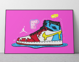 "JUST DO IT" הדפס על בד קנבס של נעל נייקי על רקע ורוד - איור דיגיטאלי בסגנון פופ ארט