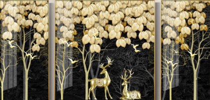 המיוחדים שלנו! "יער מספר אגדות" | תמונת קנבס מחולקת של יער ואיילים מוזהבים על רקע שחור