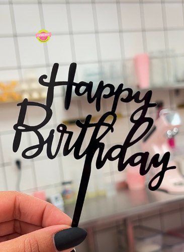 טופר לעוגה Happy Birthday שחור כתב יד