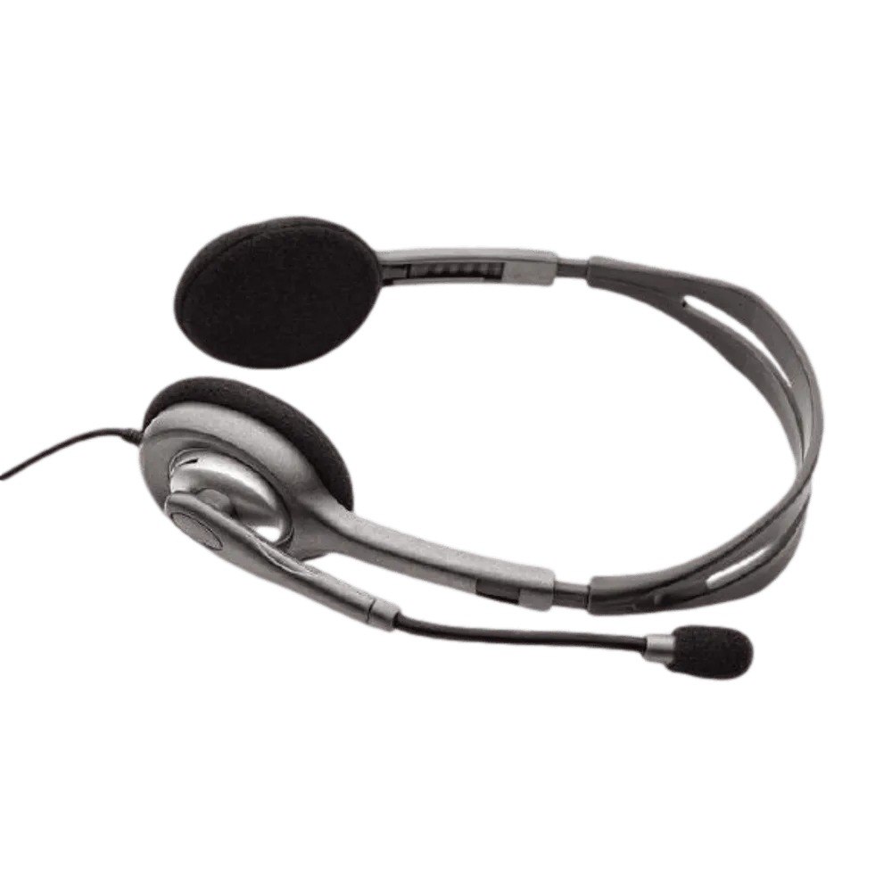 אוזניות ומיקרופון Logitech H110 Stereo – פריט בודד בצבע אפור-שחור עם מיקרופון מובנה מוצג על רקע לבן