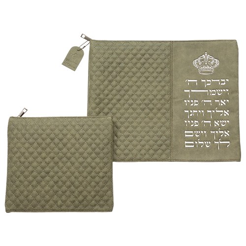סט טלית תפילין דמוי עור ירוק זית אותיות בולטות "ויברכך"