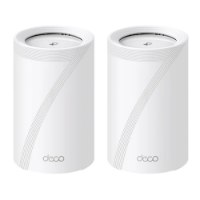נתב מארז שתי יח Tp-Link Deco BE65 BE9300 – Wi-Fi שם המוצר המלא נתבים לבנים גליליים עם לוגו deco ופסים אלכסוניים מוצגים