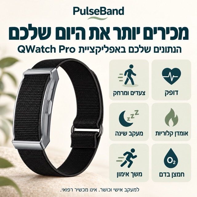 PulseBand עם רצועה שחורה ארוגה והמחשת תחומי המעקב