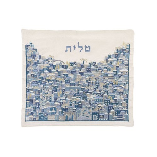 כיסוי טלית רקמה מלאה דגם ירושלים כחול