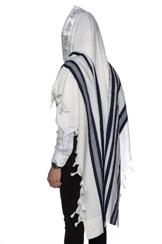 טלית צמר פאר קל פסים כחול דגם ישתבח