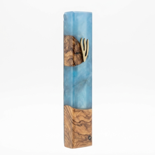 Handcrafted Designer Mezuzah: Olive Wood & Sky Blue