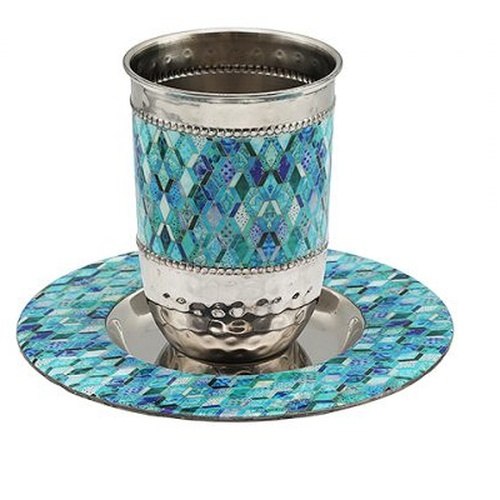 כוס קידוש + תחתית מתכת עיטור אבסטרקטי כחול